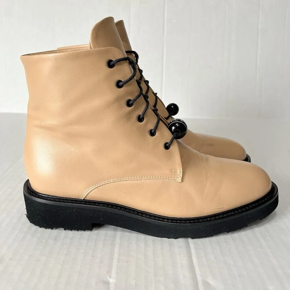 DEAR FRANCES Park Boot Womens 9.5 Camel Tan Leather Lace Up Ankle Combat Beaded